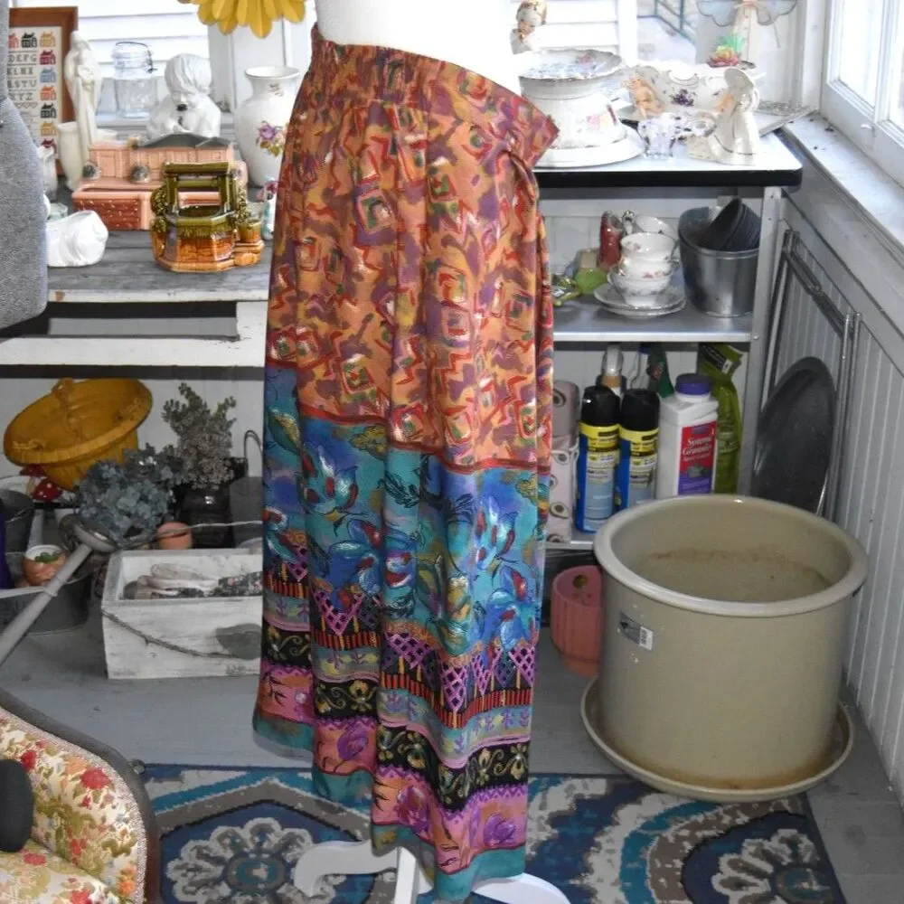 Vintage 90s Casual Corner Boho Scarf Print Midi Skirt High Waist Colorful Large